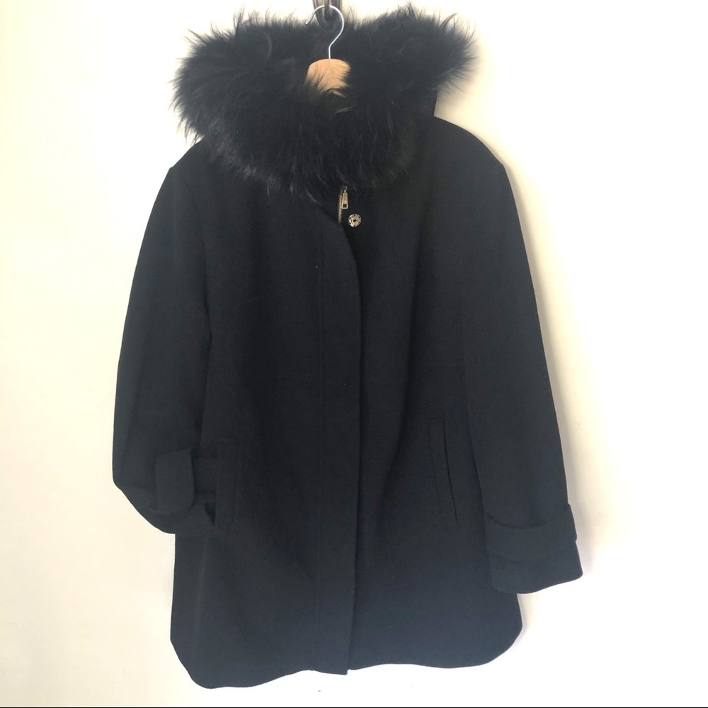 EUC BASLER car coat w/ real fur trimmed hood in Wool Cashmere blend, size 20